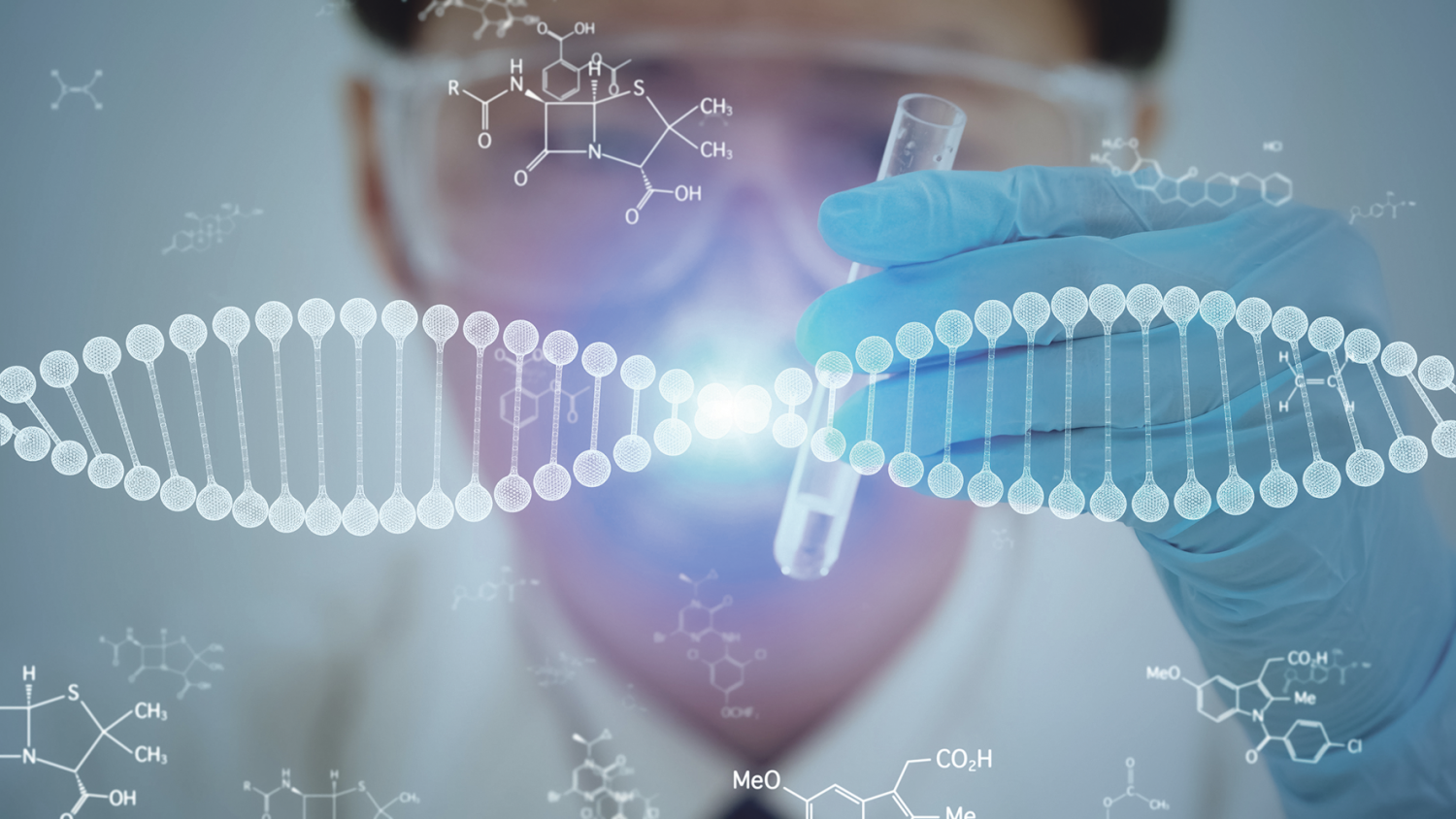 Forscher mit Reagenzglas und Symbolen von DNA und chemischen Verbindungen.